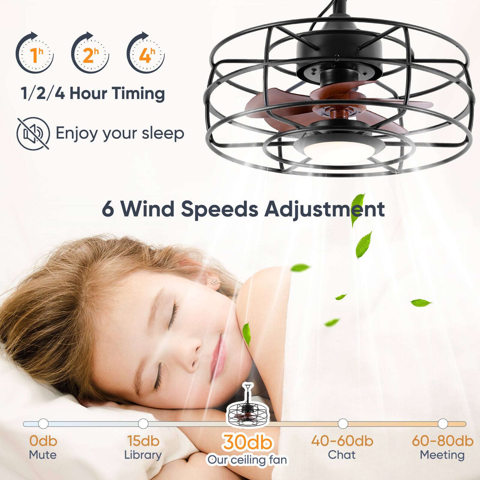 1h 2h 4h  
1/2/4 Hour Timing  
Enjoy your sleep  

6 Wind Speeds Adjustment  
0db Mute  
15db Library  
30db Our ceiling fan  
40-60db Chat  
60-80db Meeting