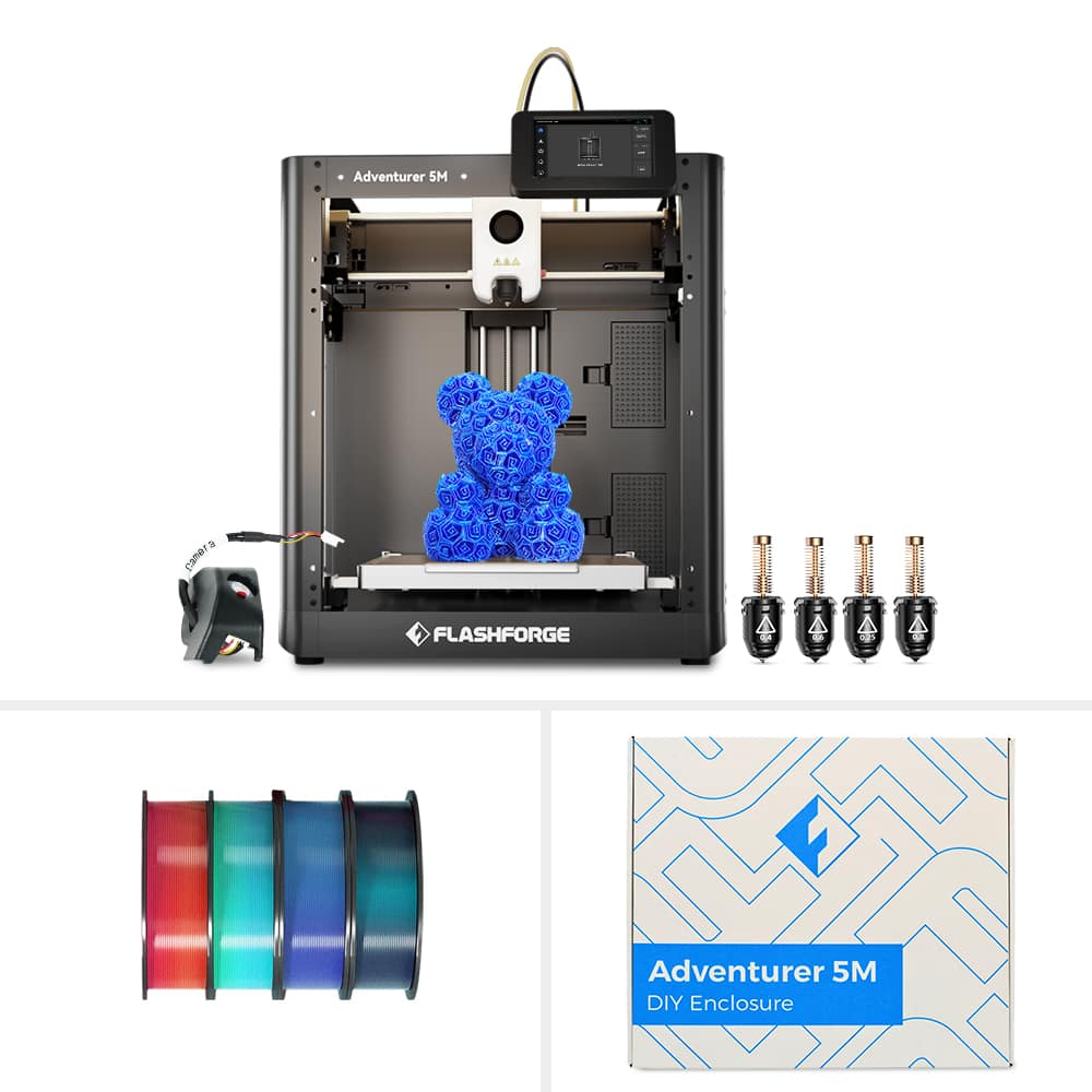 Flashforge - Adventurer 5M 3D Printer Bundle with Camera, Enclosure, 4×PLA Filaments and Nozzle Set - Black