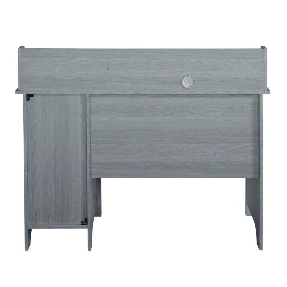 Left. FurniFact - Wood Desk with Drawer, Door and 6 Shelves, Gray Office Writing Desk with Storage - Gray.