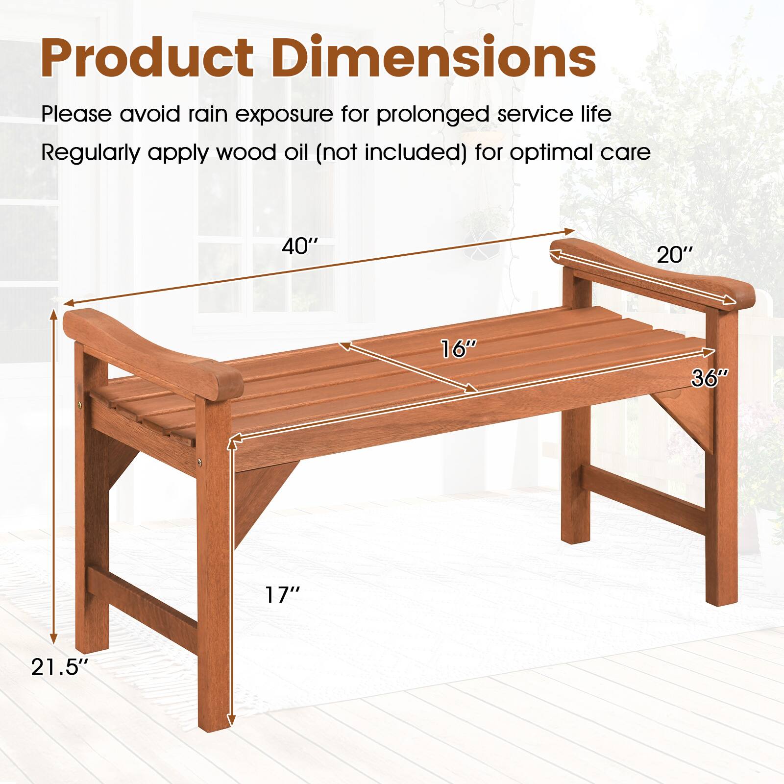 Product Dimensions

Please avoid rain exposure for prolonged service life

Regularly apply wood oil (not included) for optimal care

40"
20"
16"
36"
17"
21.5"