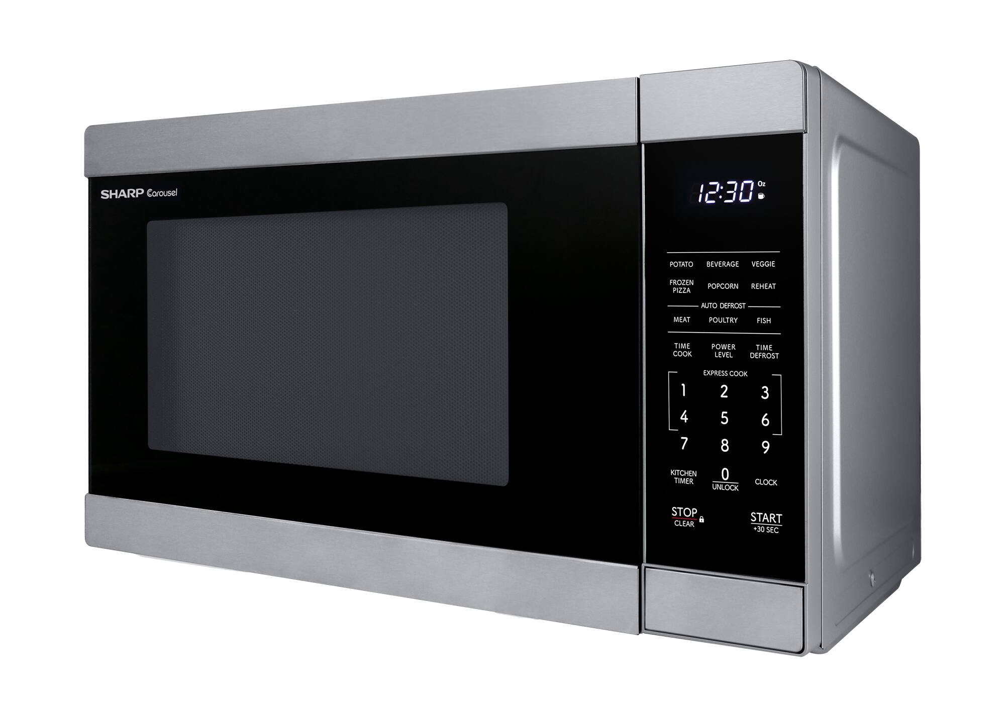 SHARP Carousel

12:30

POTATO  
BEVERAGE  
VEGGIE  
FROZEN  
POPCORN  
REHEAT  
AUTO DEFROST  
MEAT  
POULTRY  
FISH  

TIME COOK  
POWER LEVEL  
TIME DEFROST  
EXPRESS COOK  

1 2 3  
4 5 6  
7 8 9  
0  

KITCHEN TIMER  
UNLOCK  
CLOCK  

STOP CLEAR  
START +30 SEC