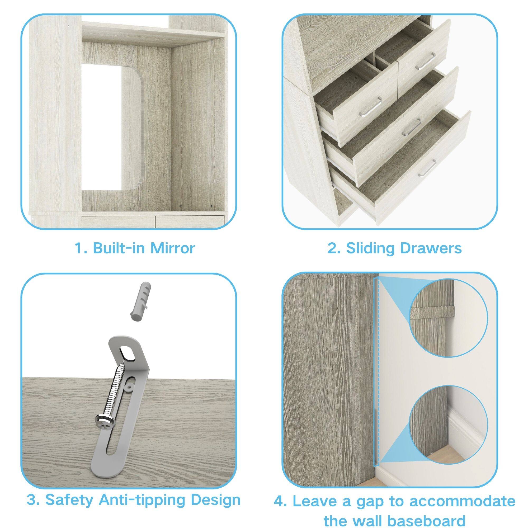 1. Built-in Mirror  
2. Sliding Drawers  
3. Safety Anti-tipping Design  
4. Leave a gap to accommodate the wall baseboard