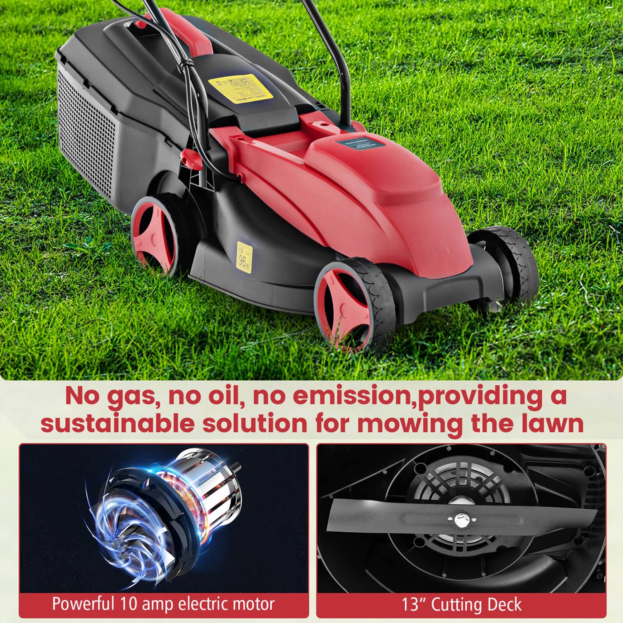 The text on the image reads: "No gas, no oil, no emission, providing a sustainable solution for mowing the lawn. Powerful 10 amp electric motor. 13" Cutting Deck."