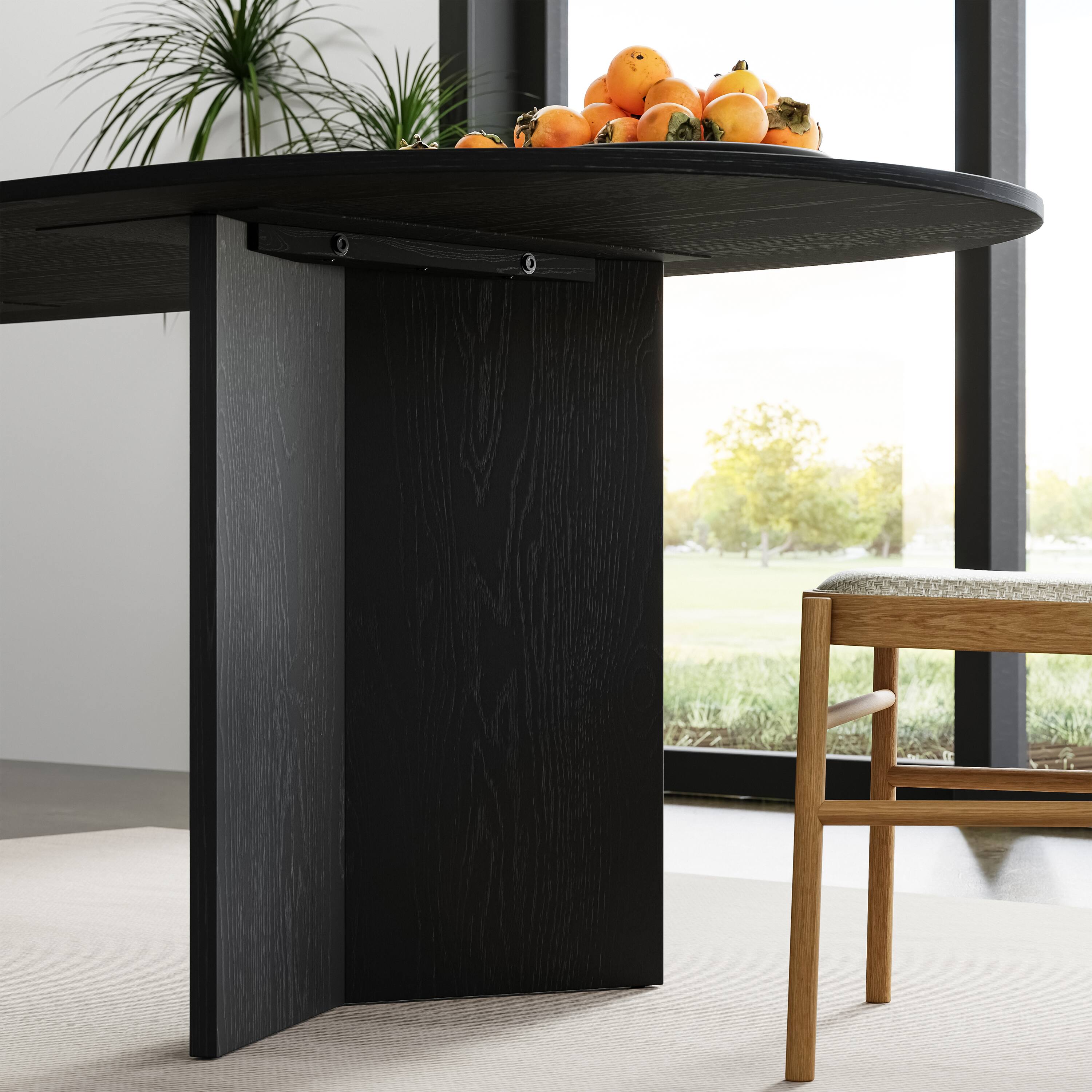 Alt View 3. PexFix - Minimalist Farmhouse Oak Dining Table | Oval Solid Wood, Double Pedestal Base for 6, 67-Inch - Black.