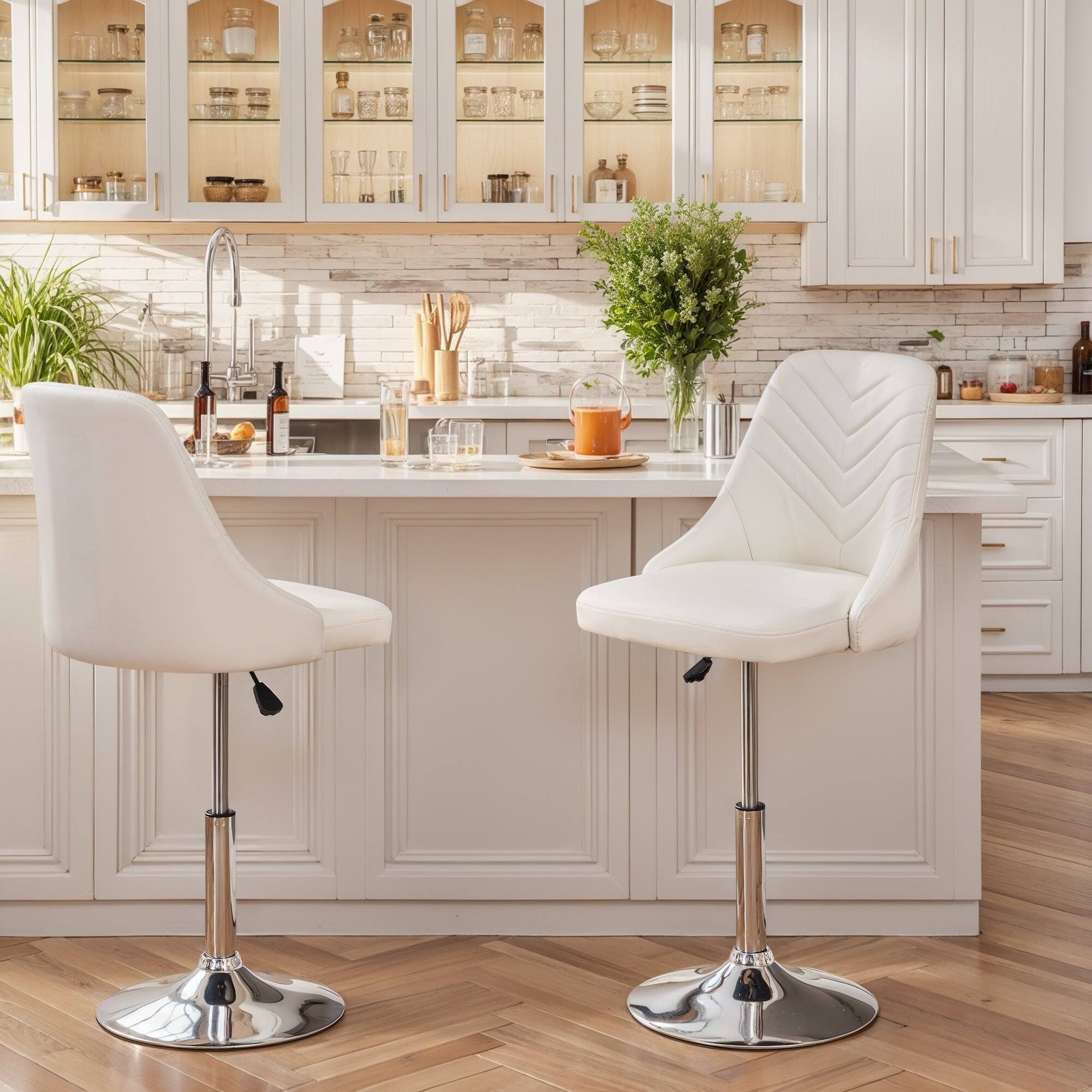 Alt View 1. Vecelo - Set of 2 360° Swivel Adjustable Height Bar Stool - PU Leather Counter Stool with Backrest, Modern Kitchen Bar Stool - White.
