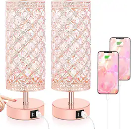 Nordic Hygge - Brightever Touch Control Crystal Table Lamp Set of 2 Bedside Nightstand Lamps with 2 USB Charging Ports, 3-Way Dimmable - Pink