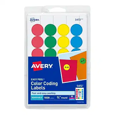 AVERY
5472
EASY PEEL Color Coding Labels
Fast and easy peeling
REMOVABLE
1008 LABELS
7/16" round
24 LABELS per sheet
A-M N-Z
Color Coding Labels