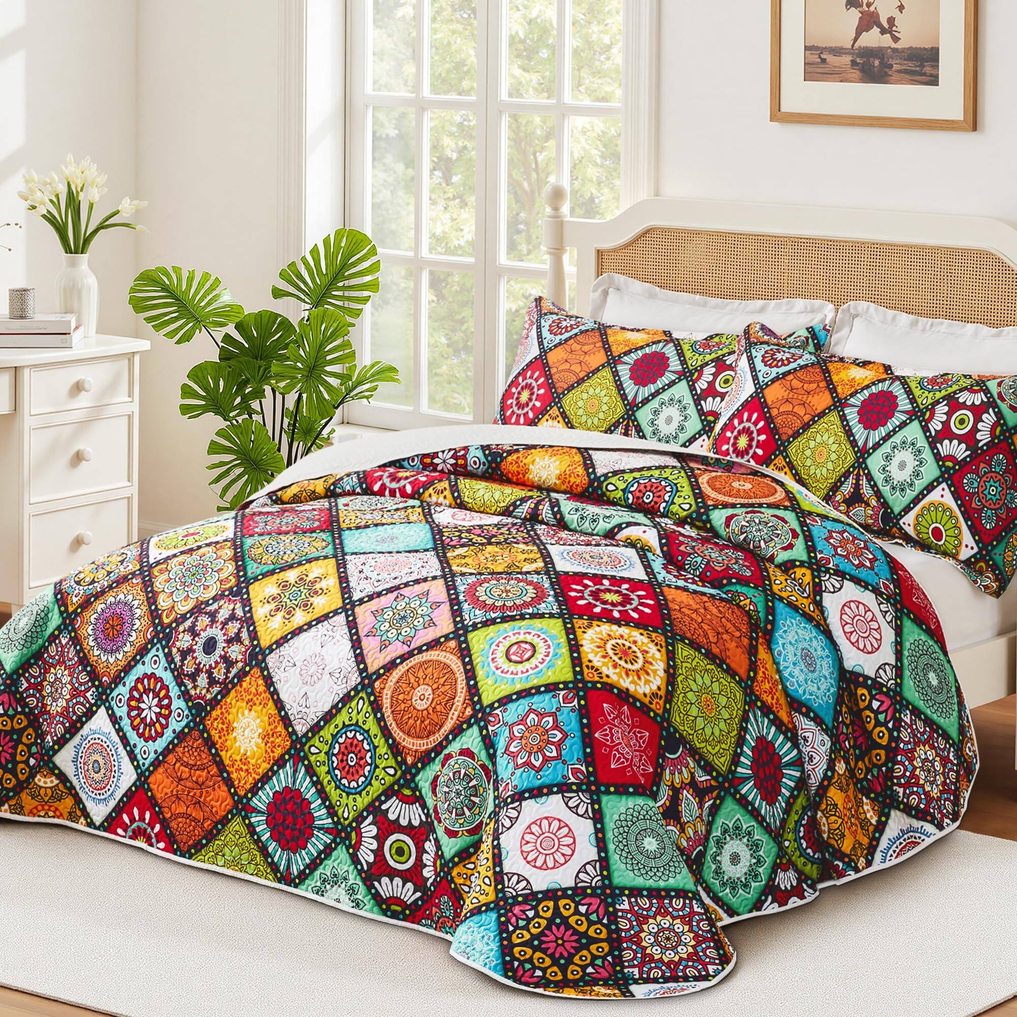 Left. Cedar Assembly - 3 Piece Boho Colorful Quilt Set Full Bohemian Reversible Bedding Microfiber Lightweight Bedspread Coverlet - Boho 1-King.