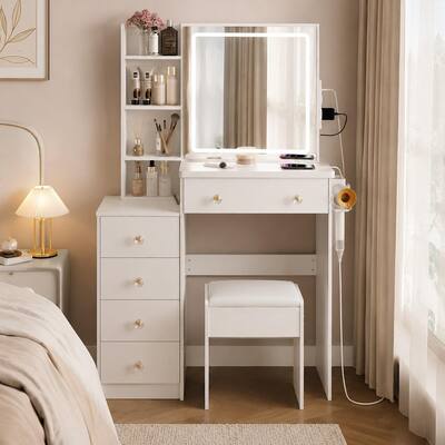 Front. RYHNUYNE - 37 in Left Bedside Vanity Table Set, Sliding LED Mirror, Cushioned Stool, 2 AC and 2 USB Sockets, Hair Dryer Stand - White.