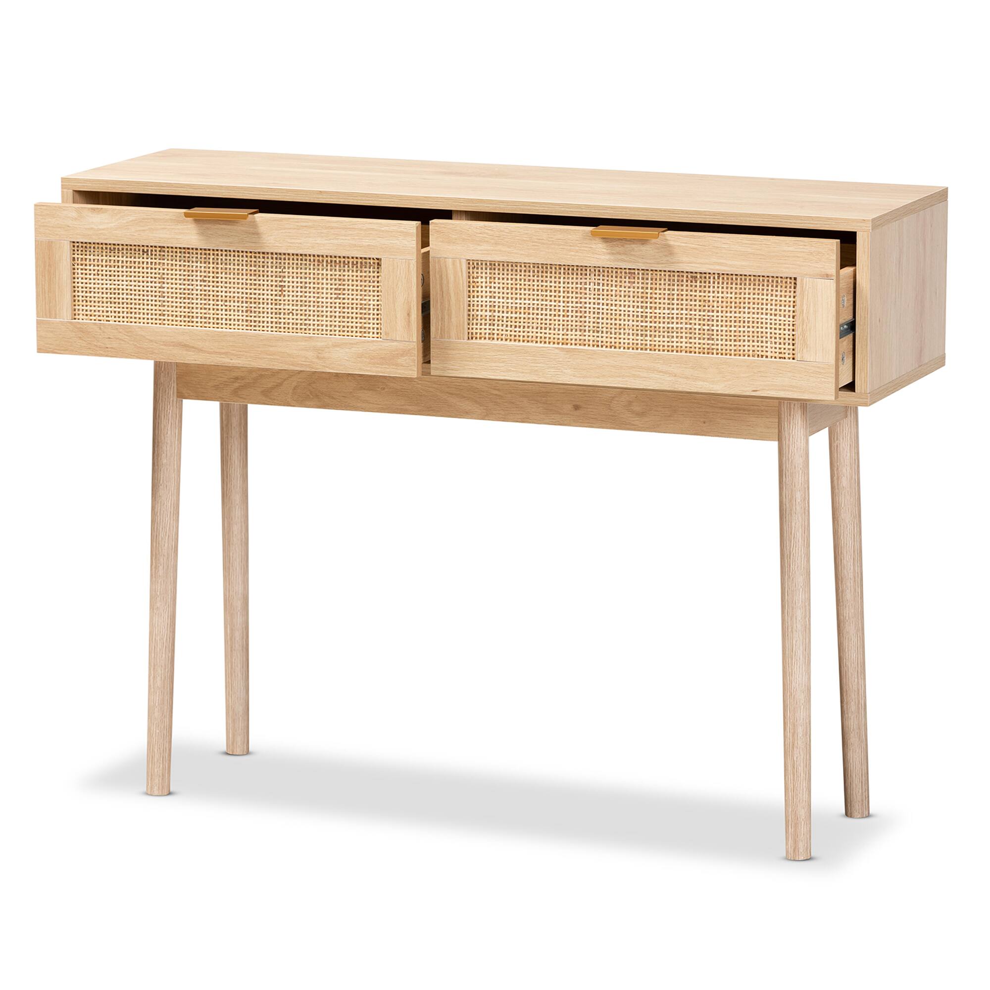 Angle. Baxton Studio - Baird Mid-Century Modern Light Finished Wood and Rattan 2-Drawer Console Table - Oak Brown.