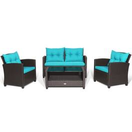 Kadyn - 4 Pcs Patio Rattan Furniture Set, Outdoor Furniture Garden Conversation Sets with Tempered Glass Coffee Table-Turquoise - Blue