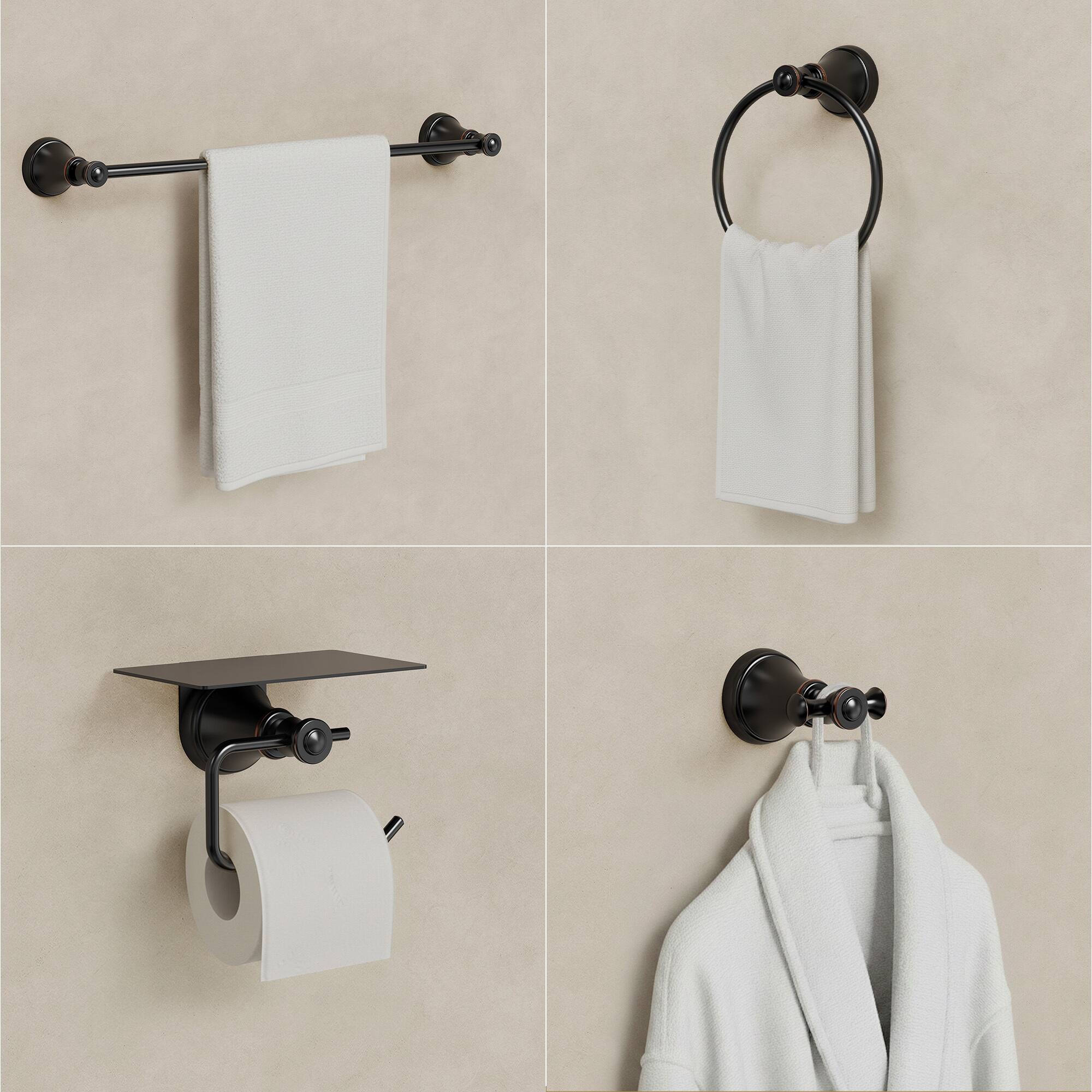 Angle. GRANDJOY - 4-Piece Bathroom Hardware Set with Phone Storage Shelf Toilet Paper Holder & 24 Inch Towel Bar - Matte Black.