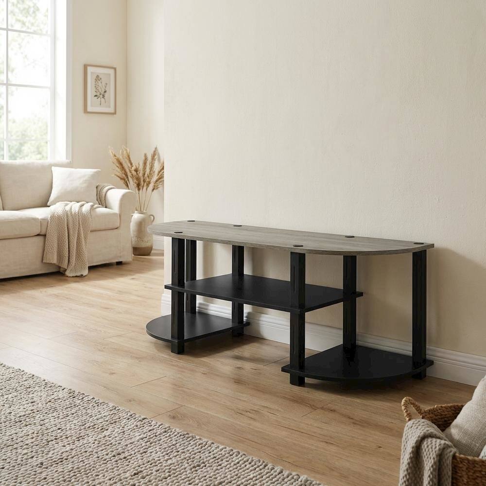 Alt View 2. FurniFact - Wide TV entertainment center in French Oak Grey, black, wood, PVC tubes - White.