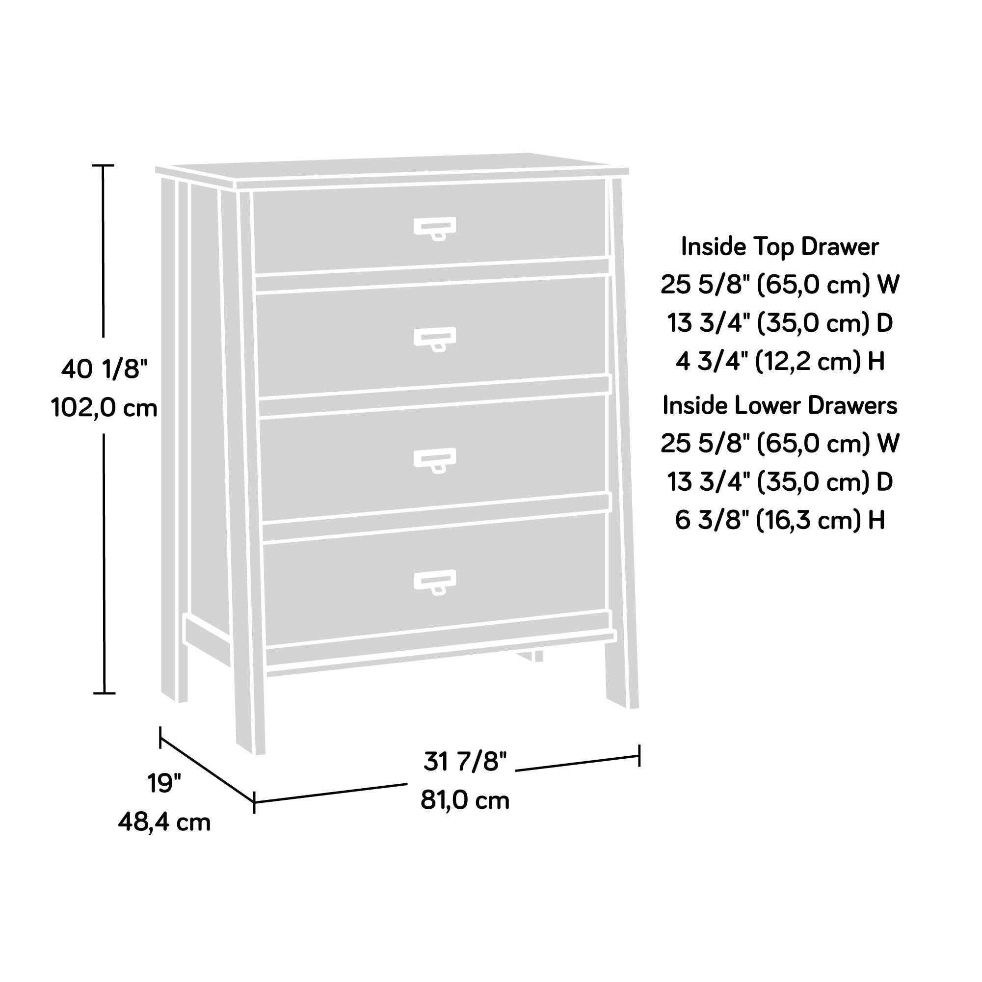 40 1/8" (102,0 cm)  
Inside Top Drawer  
25 5/8" (65,0 cm) W  
13 3/4" (35,0 cm) D  
4 3/4" (12,2 cm) H  

Inside Lower Drawers  
25 5/8" (65,0 cm) W  
13 3/4" (35,0 cm) D  
6 3/8" (16,3 cm) H  

19" (48,4 cm)  
31 7/8" (81,0 cm)