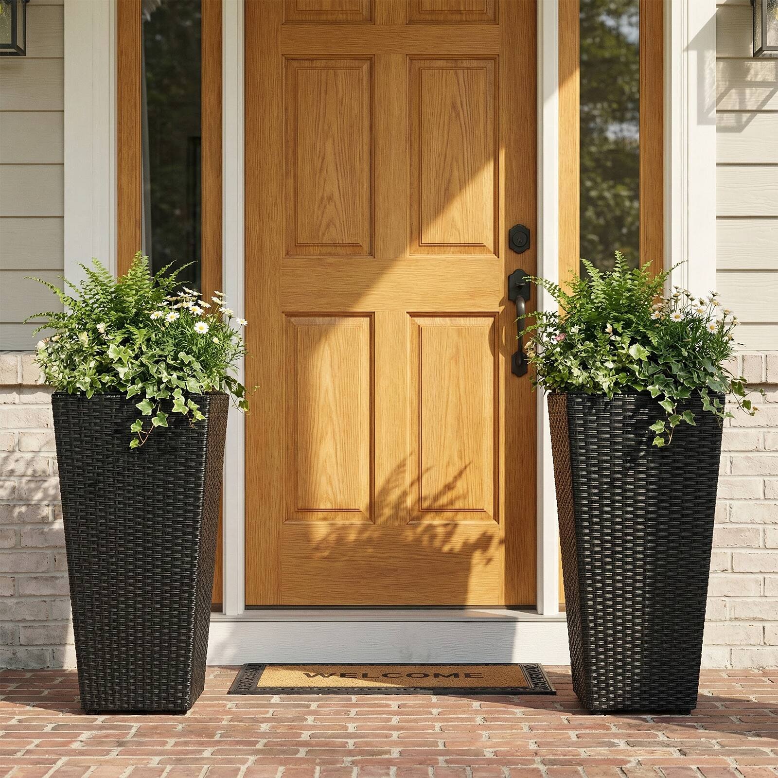 Alt View 3. Gymax - Gymax 2PCS Rattan Tall Plant Pots w/Detachable Plastic Liners Pre-Marked Drainage Hole - Black.