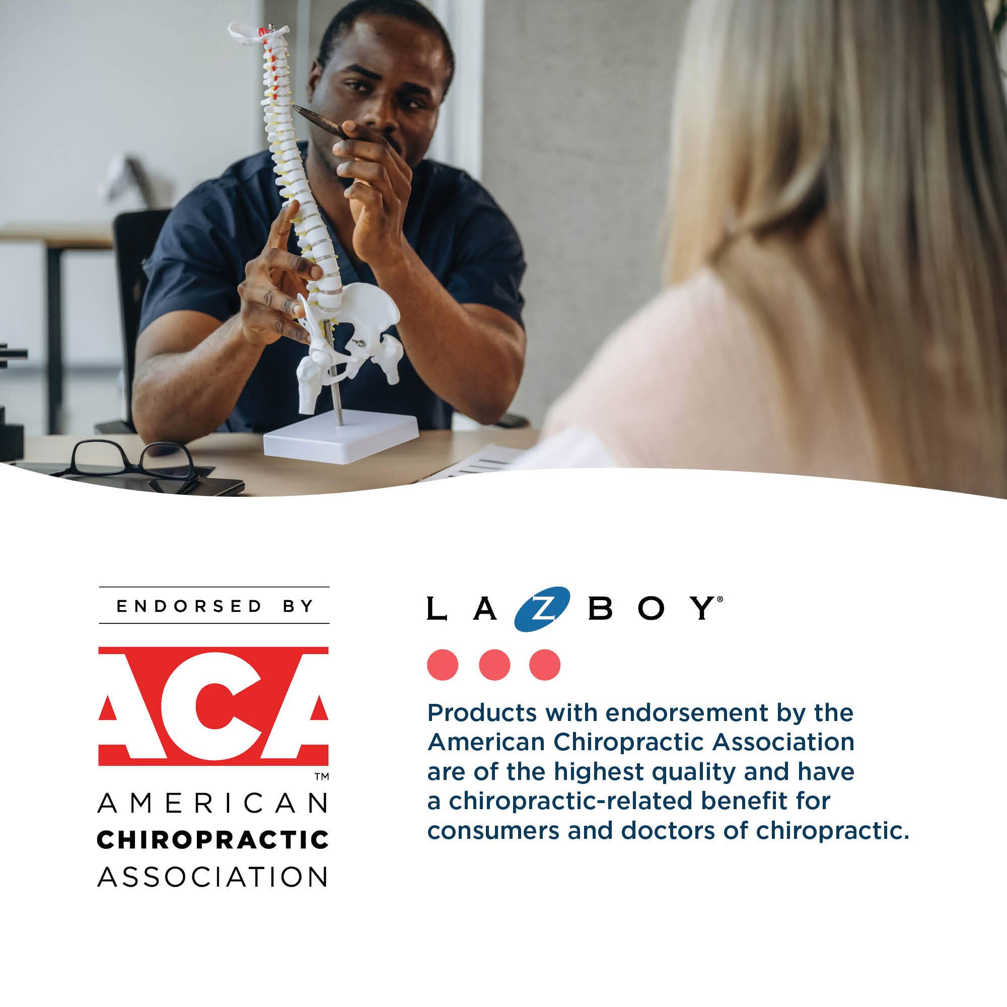 ENDORSED BY  
ACA  
AMERICAN CHIROPRACTIC ASSOCIATION  

LA Z BOY®  

Products with endorsement by the American Chiropractic Association are of the highest quality and have a chiropractic-related benefit for consumers and doctors of chiropractic.