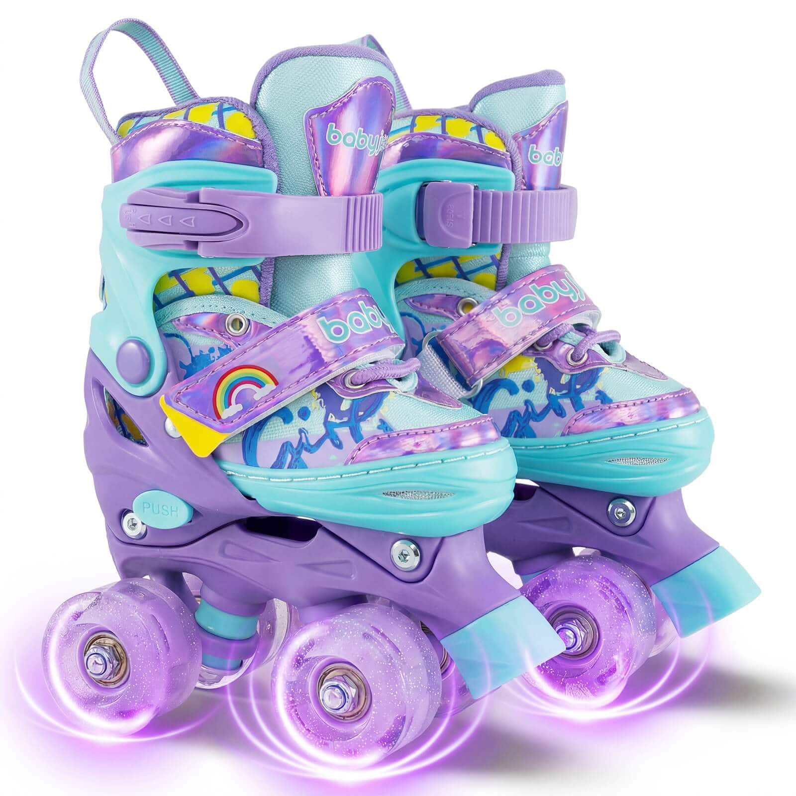 Costway - 4 Sizes Adjustable Quad Skates with Light-up Wheels&Safety Protection for Beginners 7C-9C - Purple