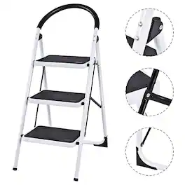 Costway - 3 Step Ladder Folding Stool Heavy Duty 330Lbs Capacity Industrial Lightweight, Black - Black & White