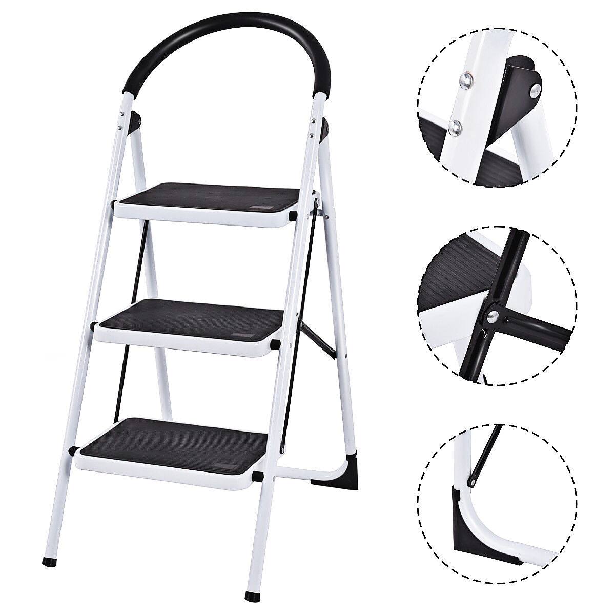 Costway - 3 Step Ladder Folding Stool Heavy Duty 330Lbs Capacity Industrial Lightweight, Black - Black & White