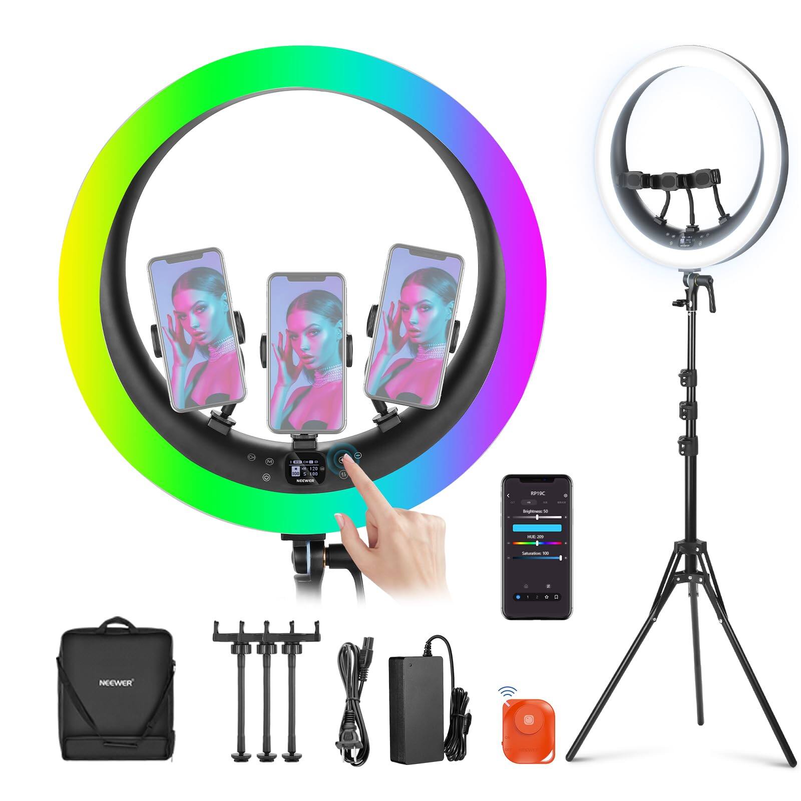 Neewer - 19" RGB Ring Light, 42W, App/2.4G Control, CRI97+, 3 Holders, RP19C