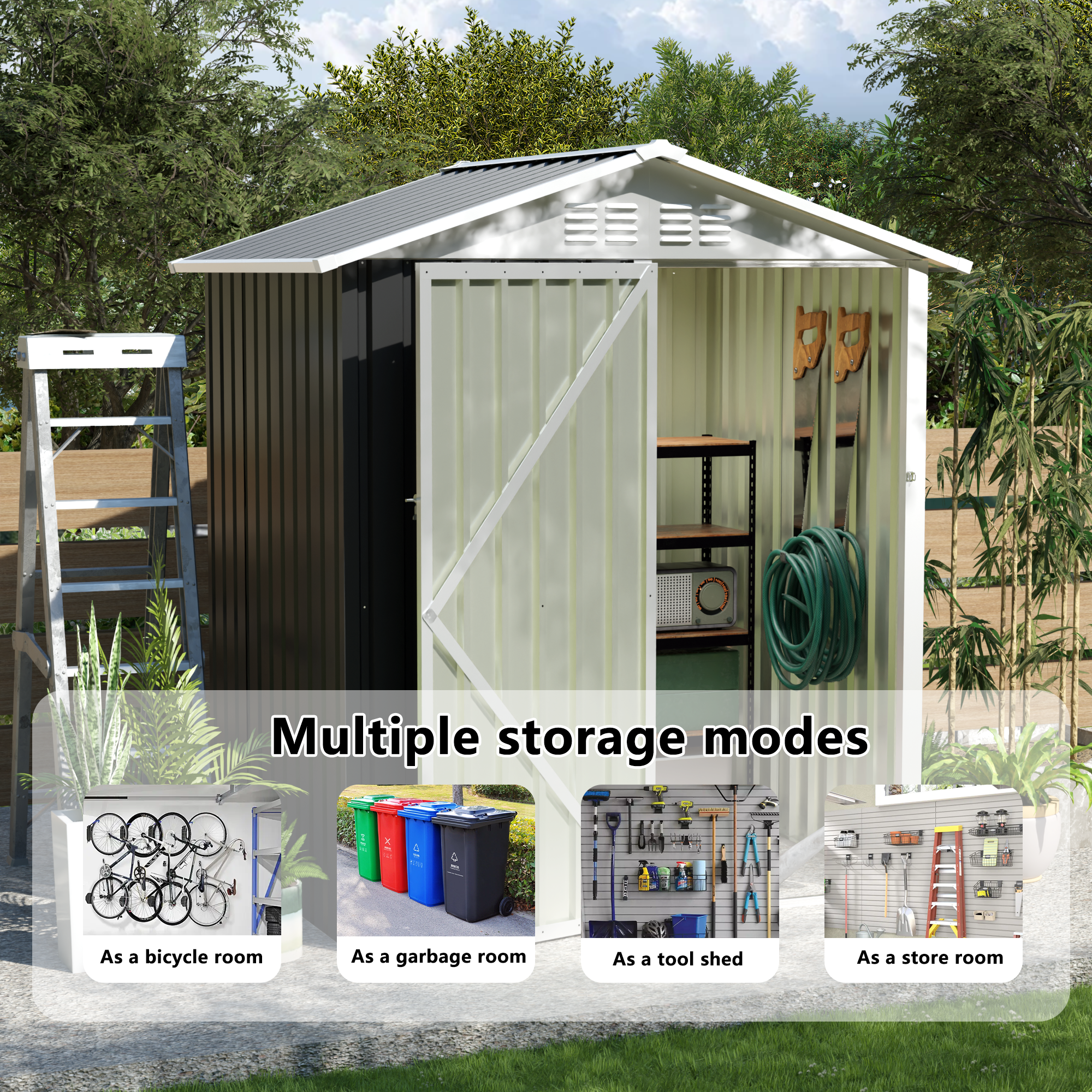 Multiple storage modes  
- As a bicycle room  
- As a garbage room  
- As a tool shed  
- As a store room
