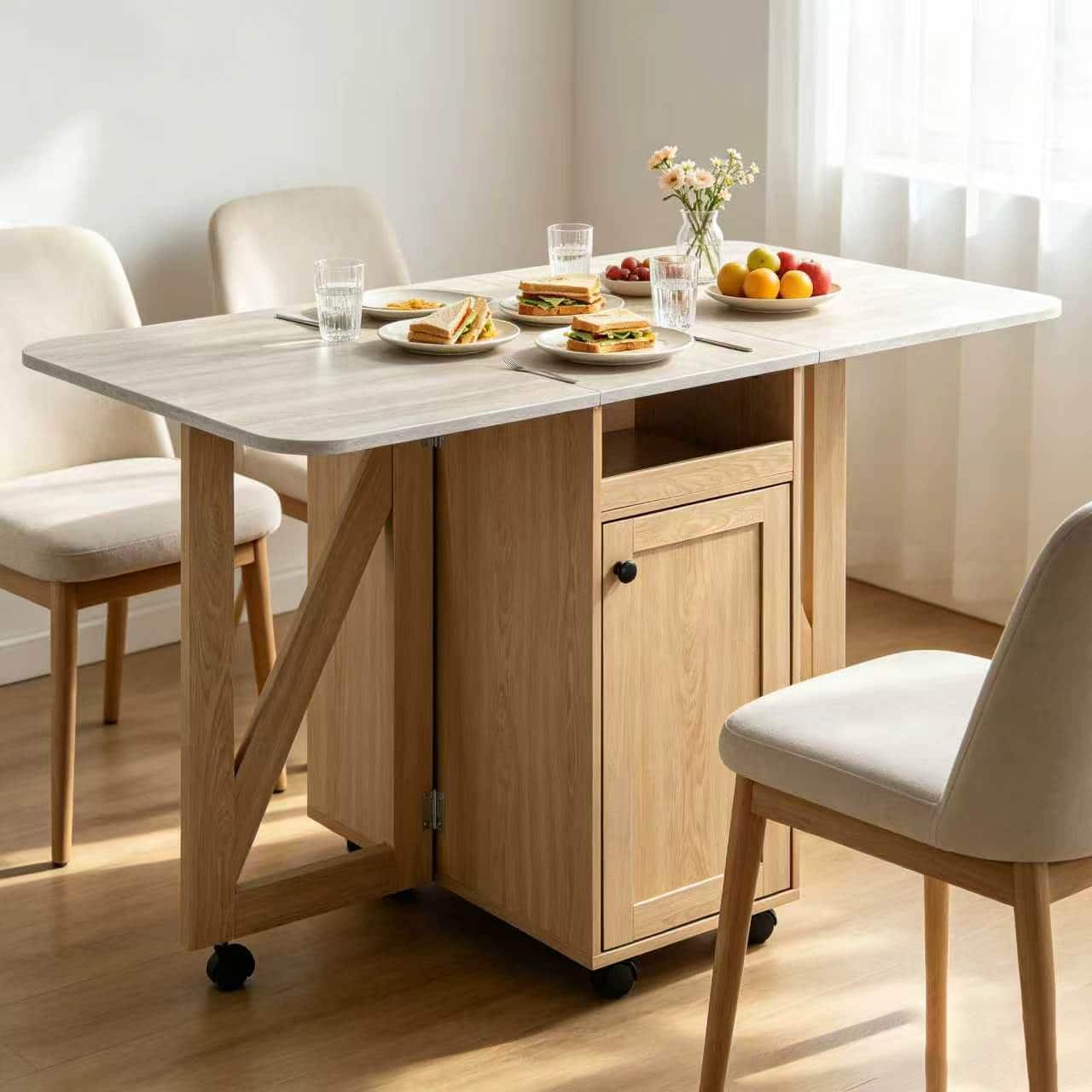Z-Edge - Folding Dining Table with Storage, Folding Kitchen Table with 6 Wheels, Shelves, Compact Dining Table for Small Spaces - Light Oak