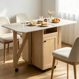 Z-Edge - Folding Dining Table with Storage, Folding Kitchen Table with 6 Wheels, Shelves, Compact Dining Table for Small Spaces - Light Oak