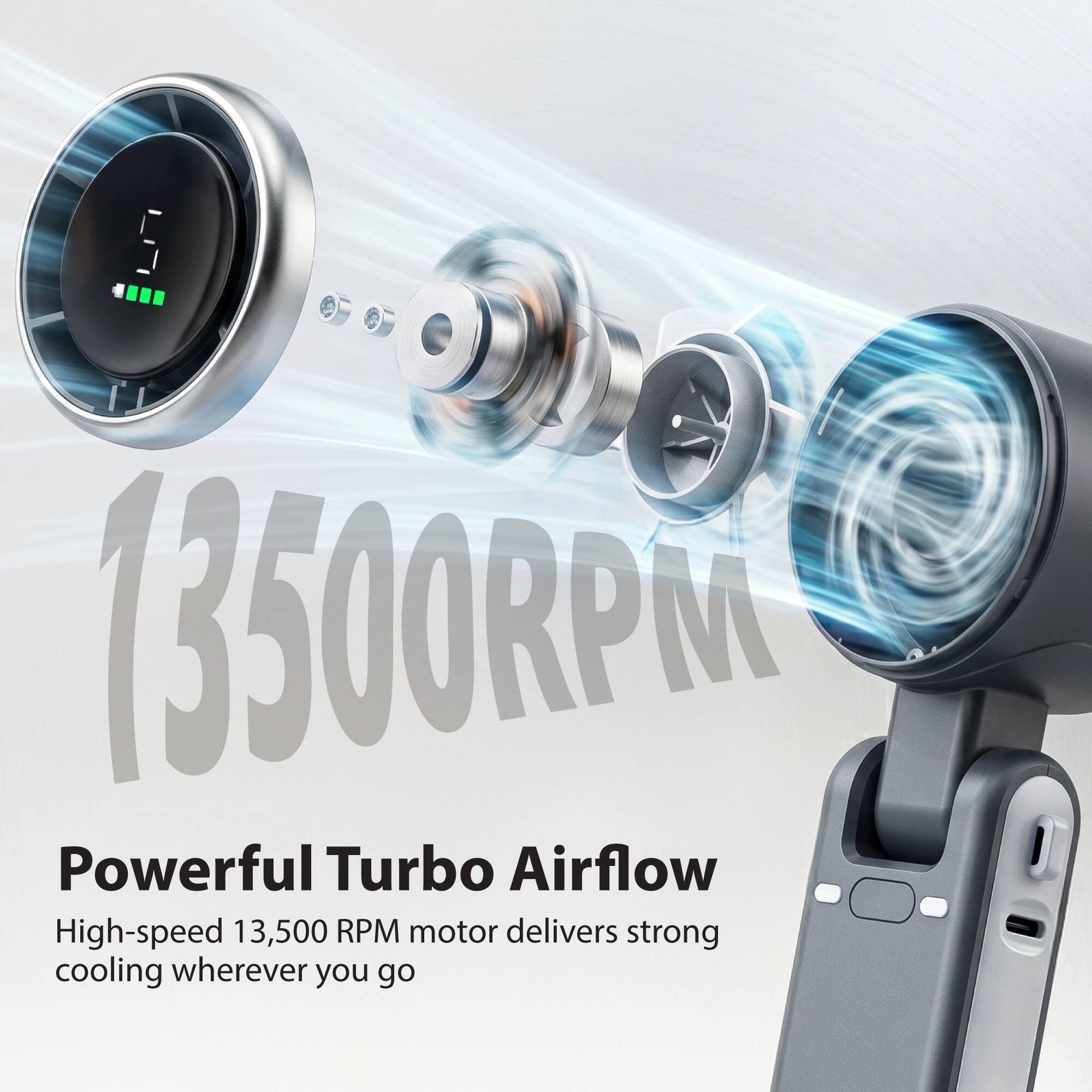 5 (3500RPM Powerful Turbo Airflow High-speed 13,500 RPM motor delivers strong cooling wherever you go