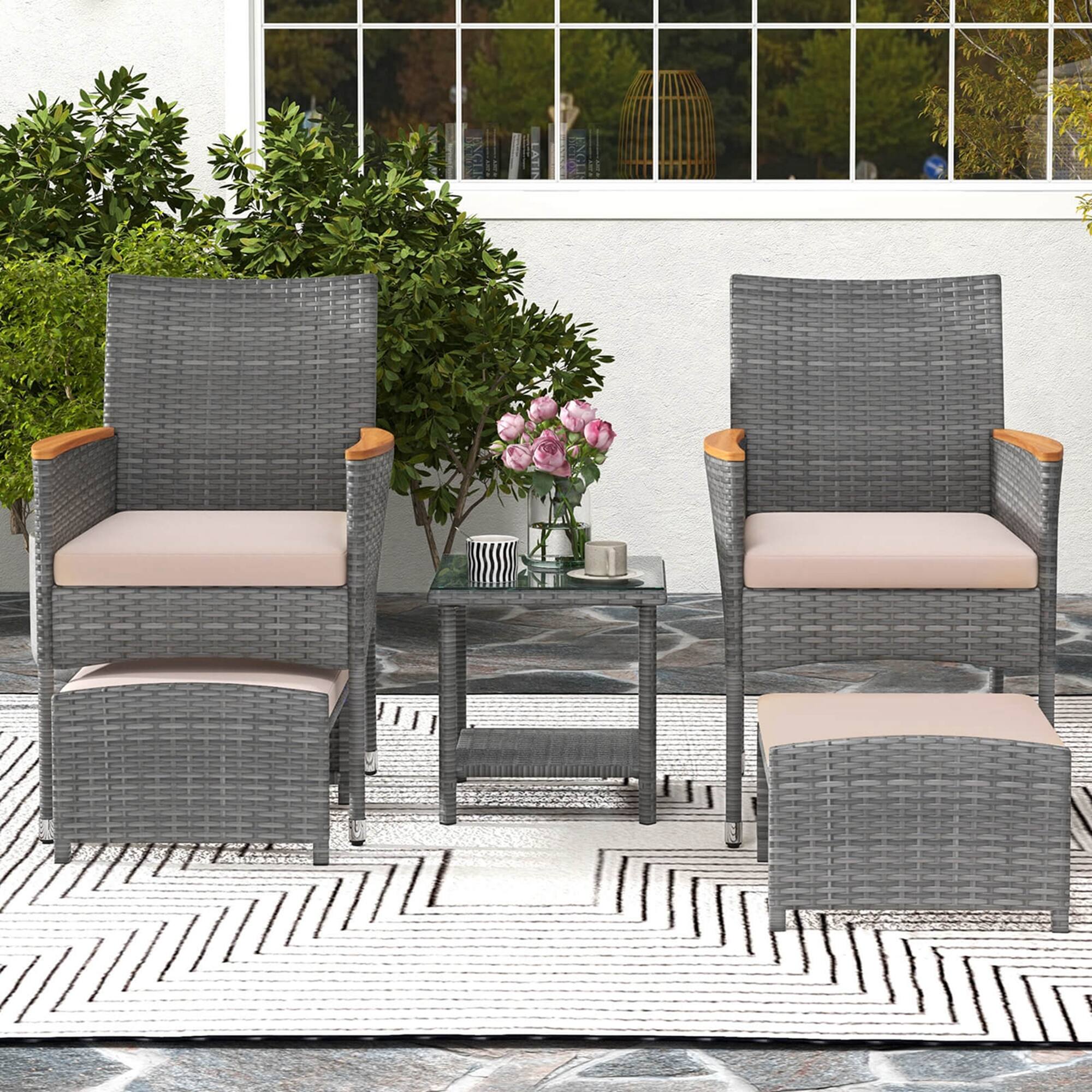 Alt View 4. Costway - 5 PCS Patio Conversation Set with Soft Cushions Ottomans & Tempered Glass Top Table - Mix Grey,Beige.