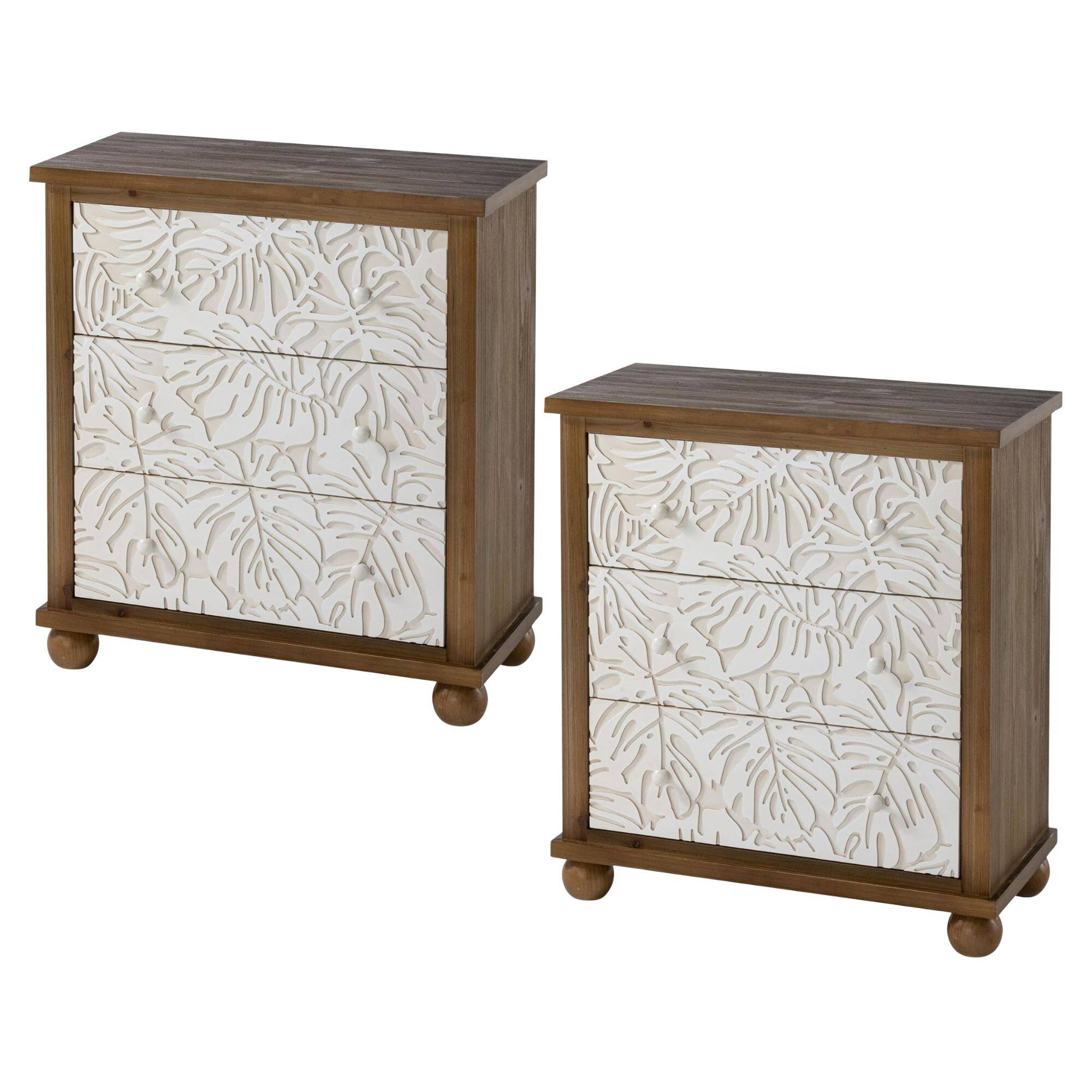 Front. COZAYH - COZAYH Rustic Farmhouse Dresser with Carved Leaves Pattern & 3 Drawers, Set of 2 - White & Brown.