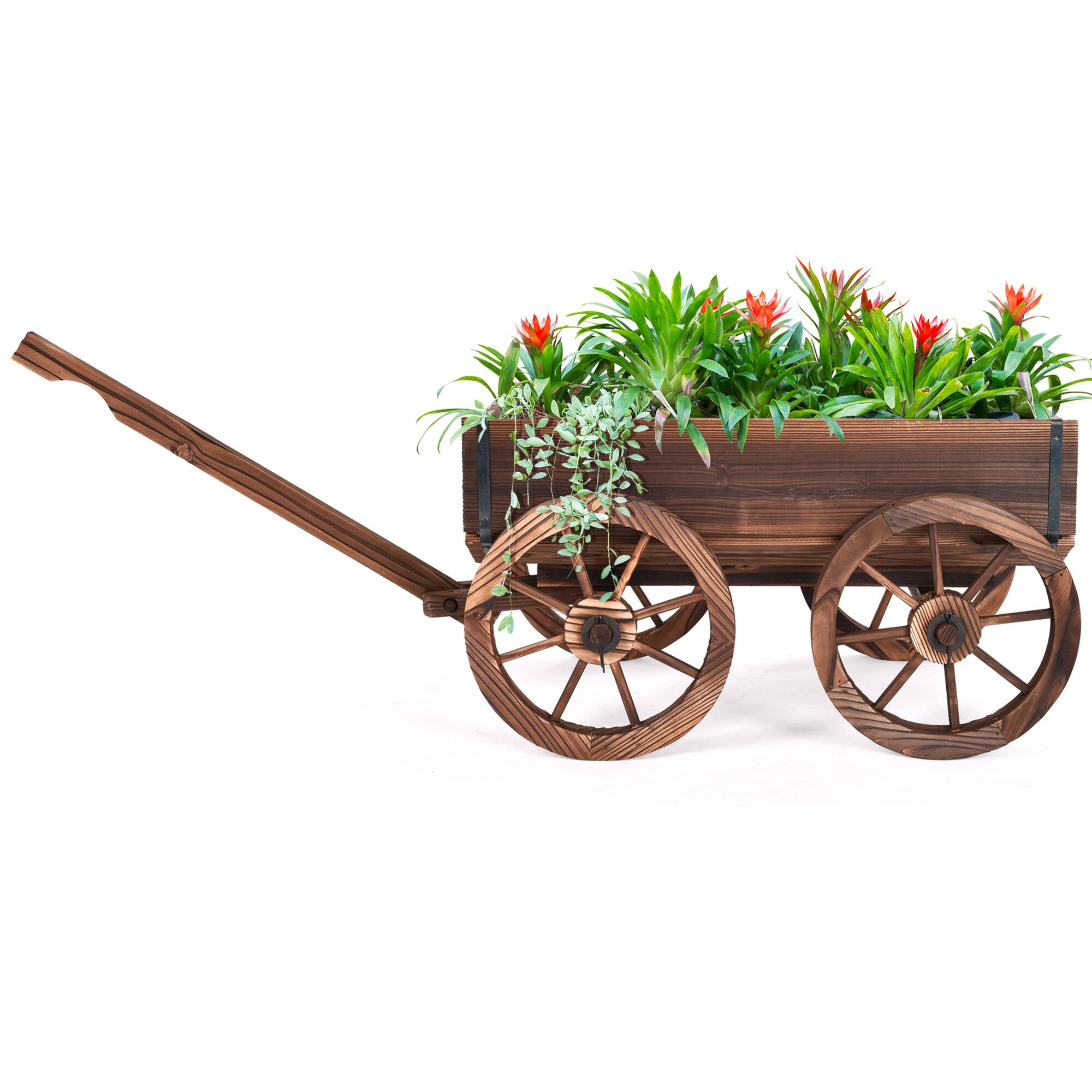 Alt View 3. Costway - Wood Wagon Flower Planter Pot Stand W/Wheels Home Garden Outdoor Decor - Brown.