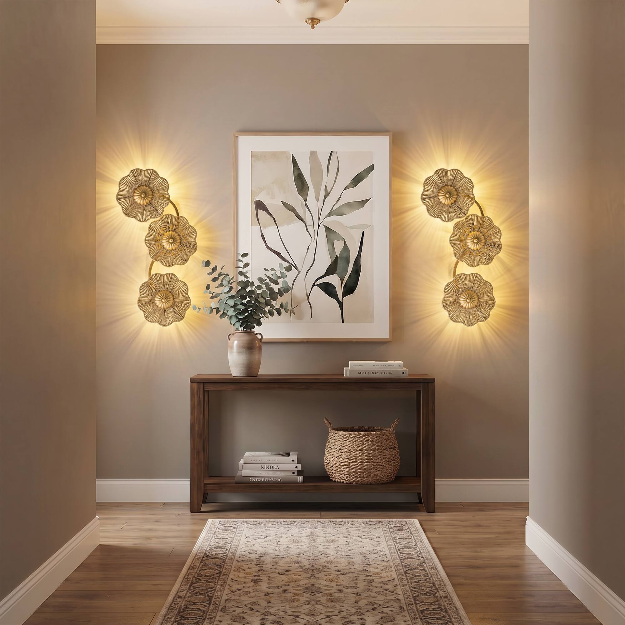 Left. Parrot Uncle - Antique Gold Modern Farmhouse Hand-Woven Raffia Rope Three Flower-Shaped LED Wall Lamp - Gold.