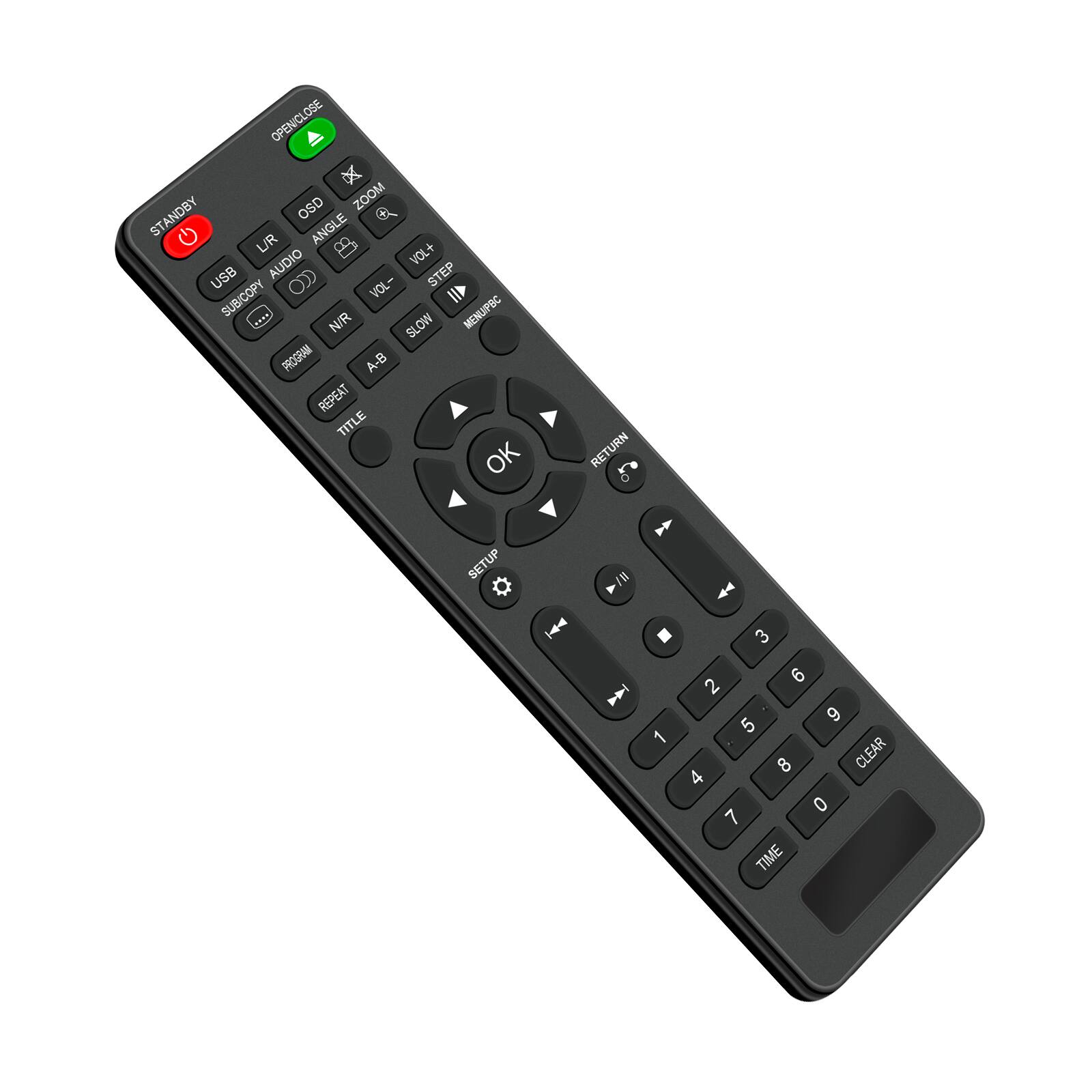 OPEN/CLOSE  
STANDBY  
OSD  
ZOOM  
C  
G  
LR  
ANGLE  
LB  
AUDIO  
VOL+  
USB  
VOL-  
STEP  
SUB/COPY  
.015  
MENUPBC  
N/R  
SLOW  
PROGRAM  
A-B  
REPEAT  
TITLE  
OK  
RETURN  
SETUP  
/I  
3  
D  
1  
6  
2  
9  
5  
8  
CLEAR  
4  
0  
7  
TIME