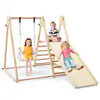 Front. Gymax - Gymax 5-in-1 Kids Indoor Playground w/ Slide Climbing Rock Adjustable Swing Wooden - Natural.