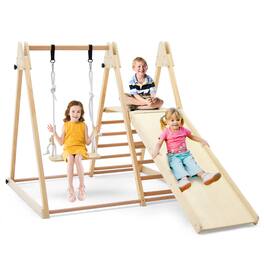 Gymax - 5-in-1 Kids Indoor Playground w/ Slide Climbing Rock Adjustable Swing Wooden - Natural