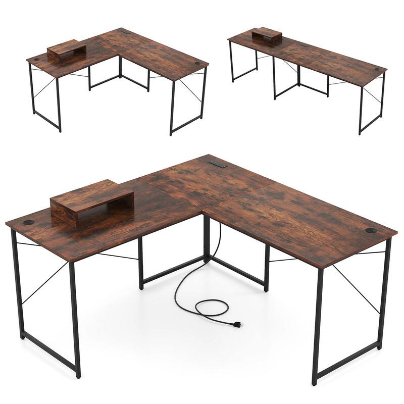Angle. WELLFOR - 59 inch L-Shaped Desk with USB Power Outlets, 2-Person Reversible Computer Desk with Monitor Stand for Home Office - Rustic Brown.