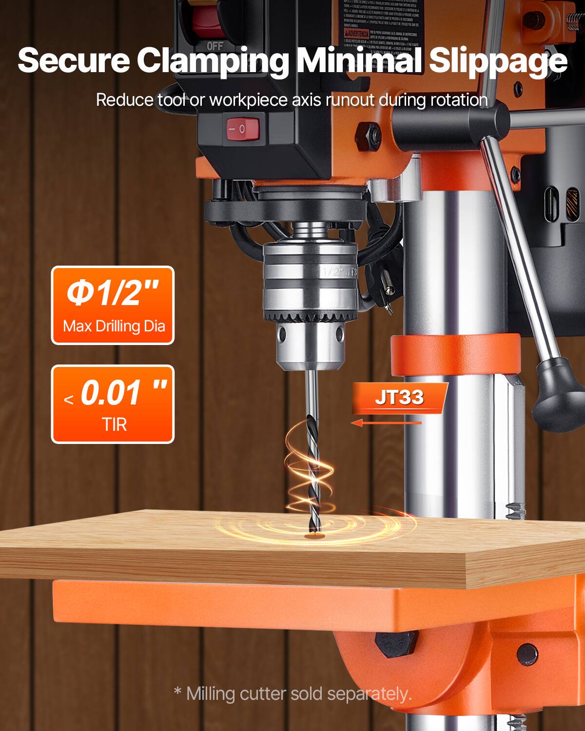 AAVBTENCA OFF Secure Clamping Minimal Slippage Reduce tool or workpiece axis runout during rotation  
Φ1/2" Max Drilling Dia  
< 0.01" TIR  
JT33  
*Milling cutter sold separately.