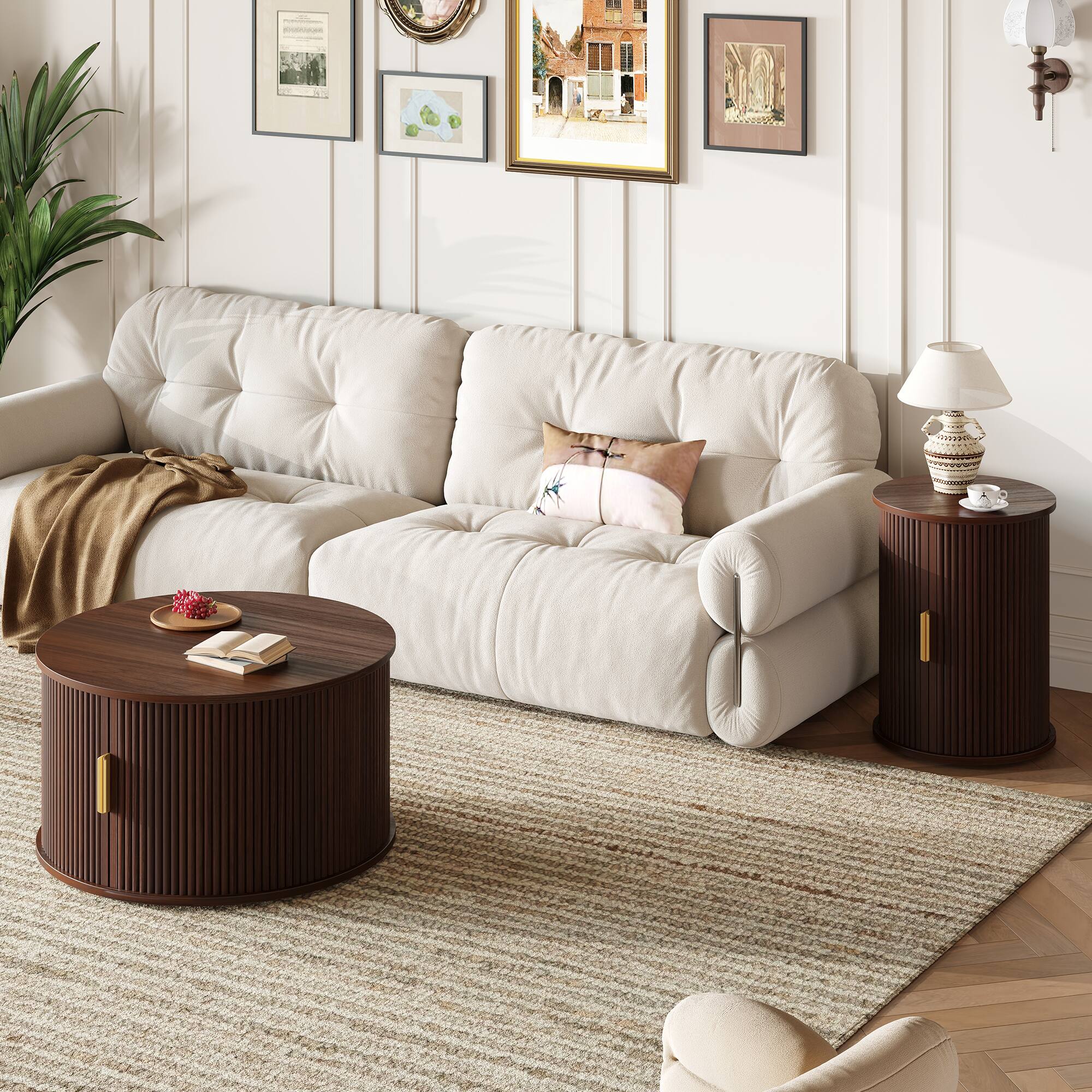 Angle. Tiramisubest - Mid-Century Coffee & Side Table Set of 2 with Tambour Door,Fluted Design,Golden Handle Tall & Low Side Table,Walnut - Walnut.