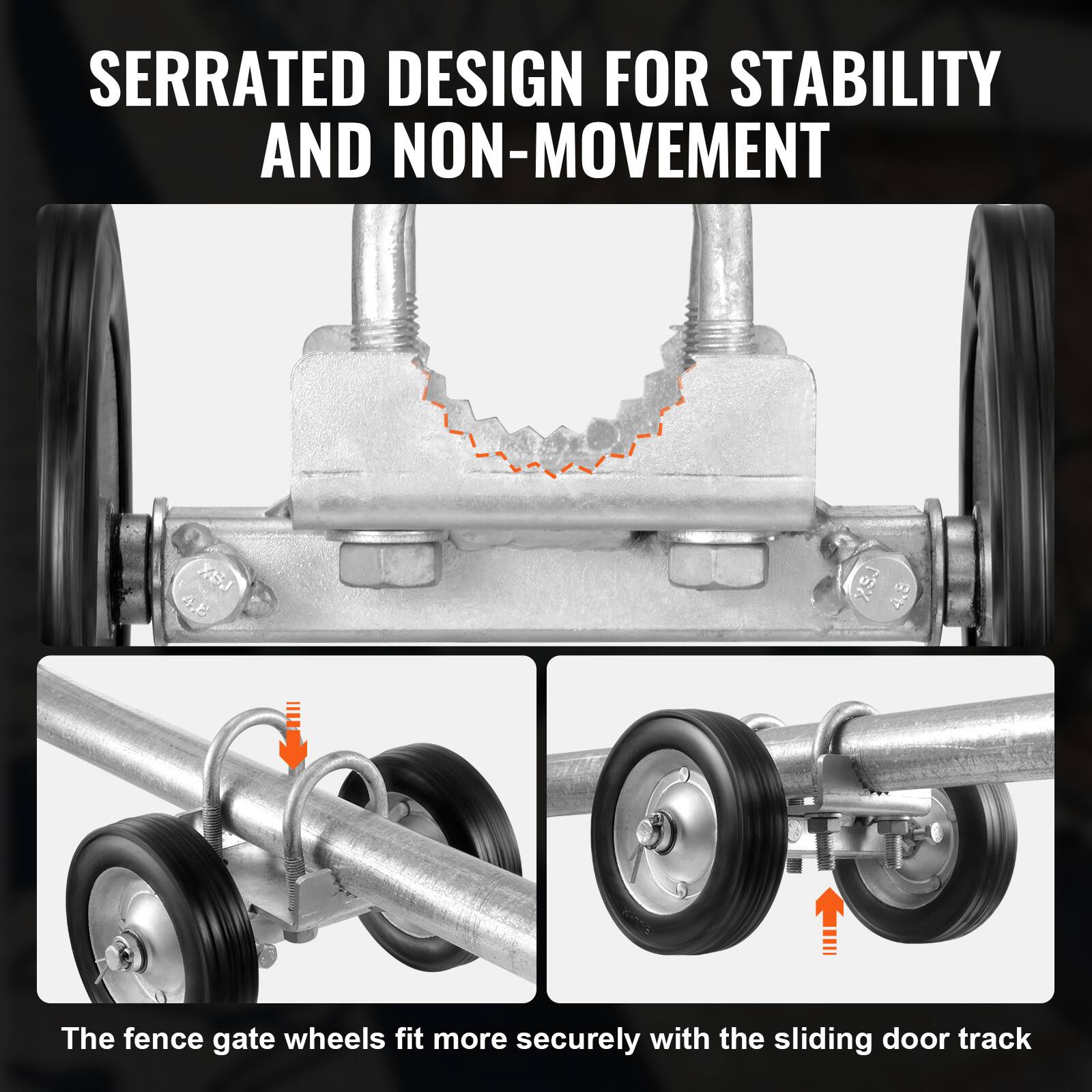 SERRATED DESIGN FOR STABILITY AND NON-MOVEMENT

The fence gate wheels fit more securely with the sliding door track