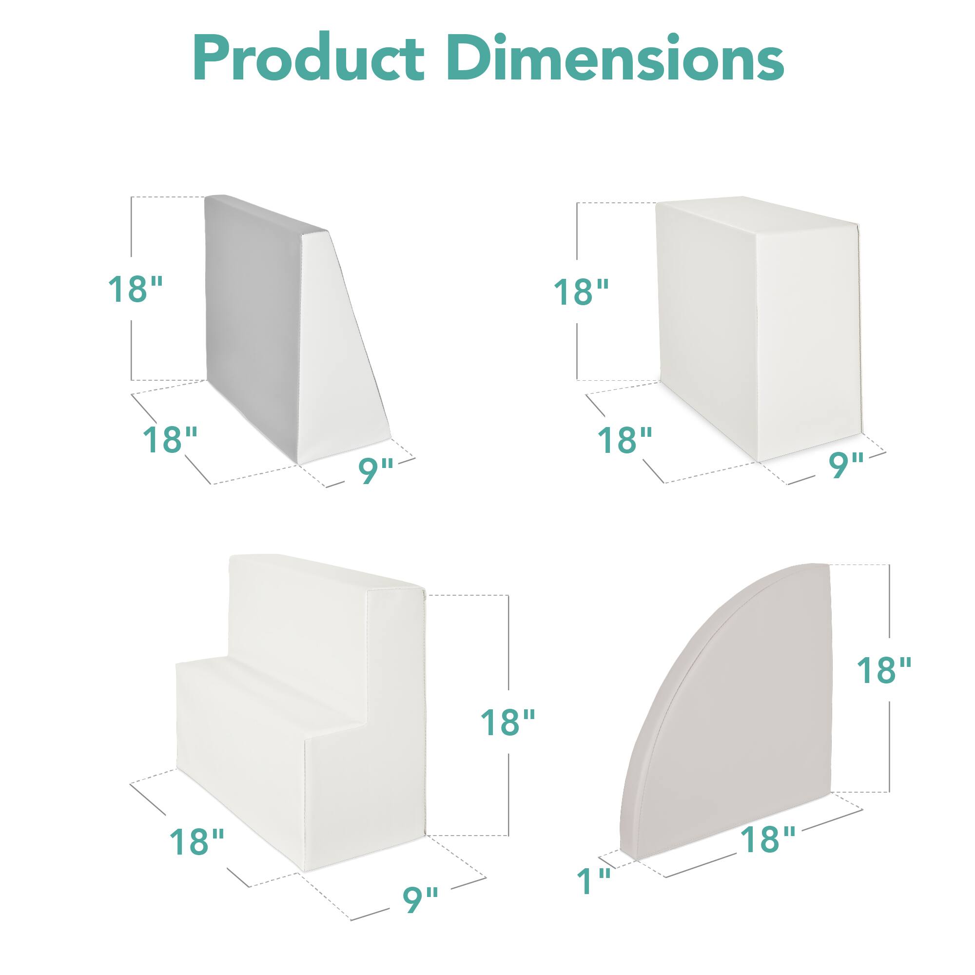 The corrected text based on the image is:

- Product Dimensions: 18" x 18" x 9"
- Product Dimensions: 18" x 18" x 9"
- Product Dimensions: 18" x 9" x 1"
- Product Dimensions: 18" x 18" x 1"
