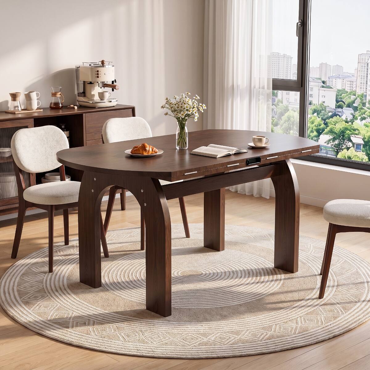 Angle. Loheer - Loheer Solid Wood Dining Table, Extendable Drop Leaf, Walnut Finish, Oval to Round, Seats Six - Walnut.