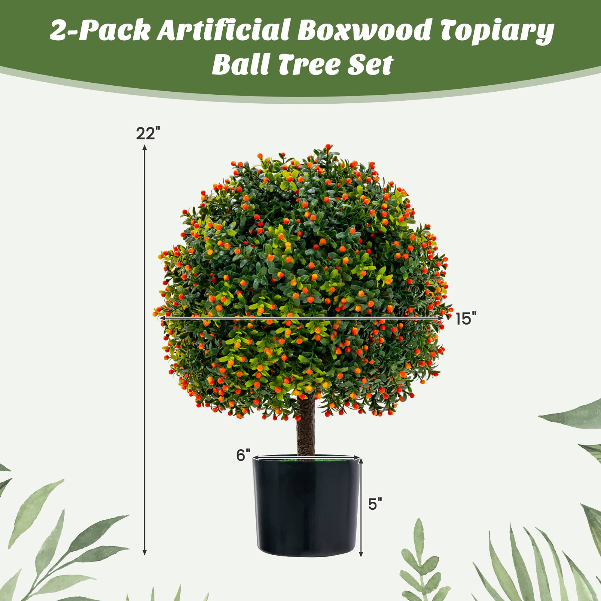2-Pack Artificial Boxwood Topiary Ball Tree Set, 22" x 15" x 6" x 5"