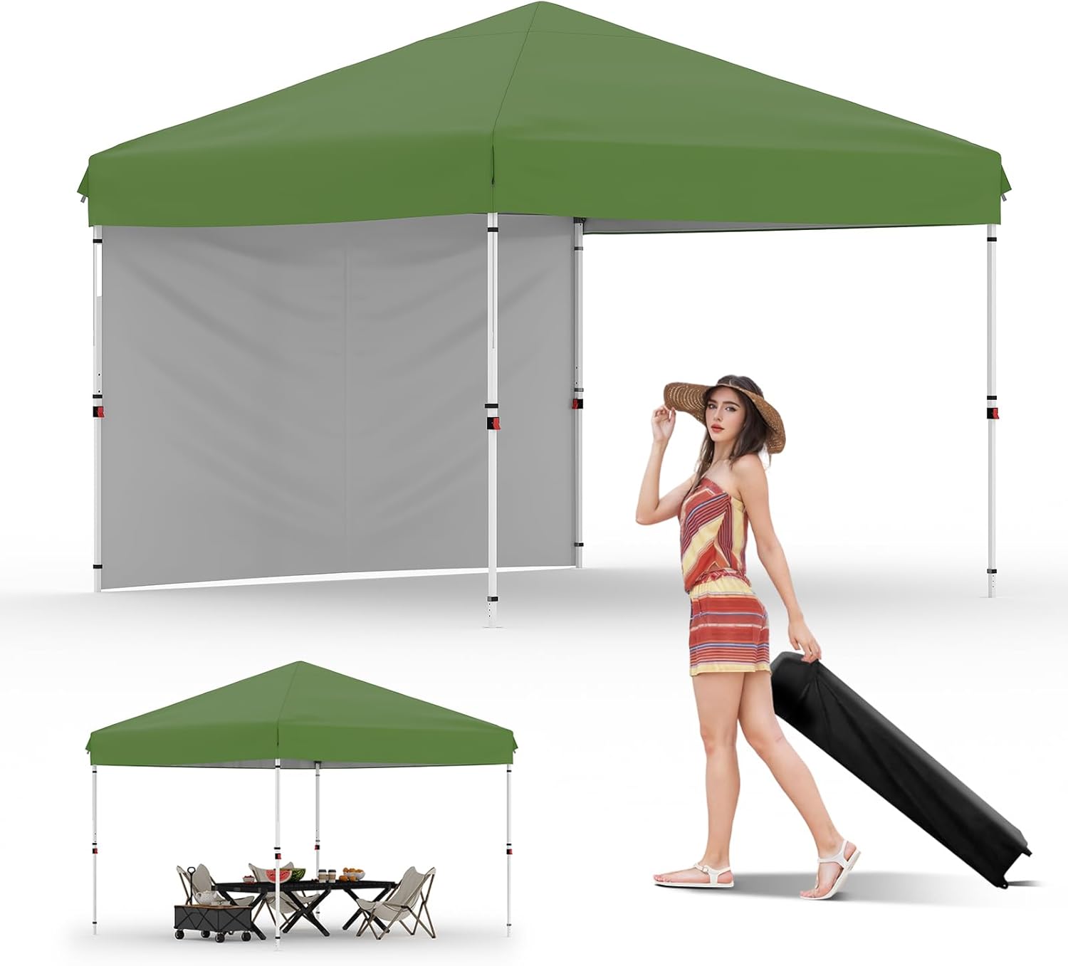 Front. Acekool - 10x10 Pop-Up Canopy Tent, Heavy Duty Commercial Instant Shelter, One-Person Setup, Adjustable Height, Green.
