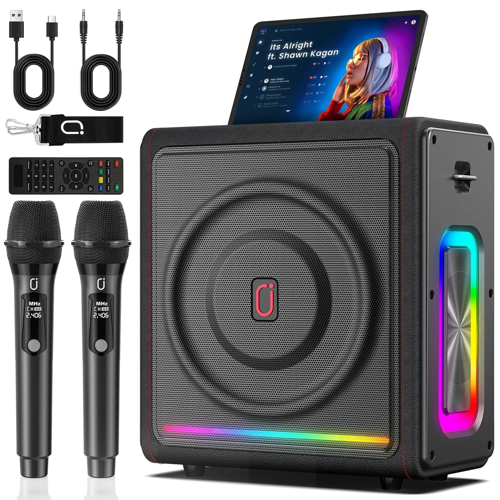 Pacoar Cade - usb Light Karaoke Machine With 2 Wireless Mics | 5.3 Bass/treble/echo Adjustment & Auto Pitch Correction Pa System Rgb - Default