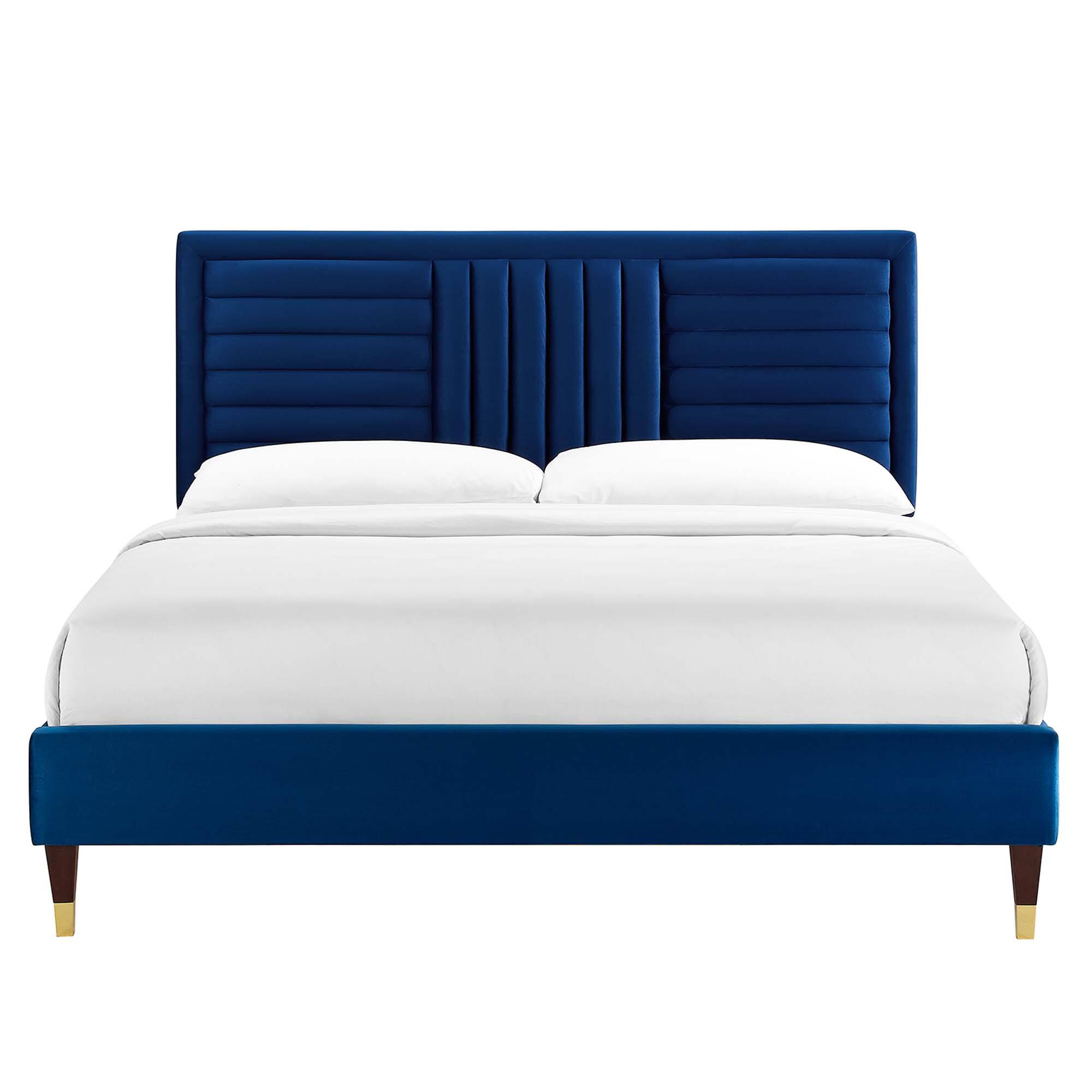 Alt View 3. Modway - Sofia Channel Tufted Performance Velvet Platform Bed With Wood and Gold Legs - Navy.