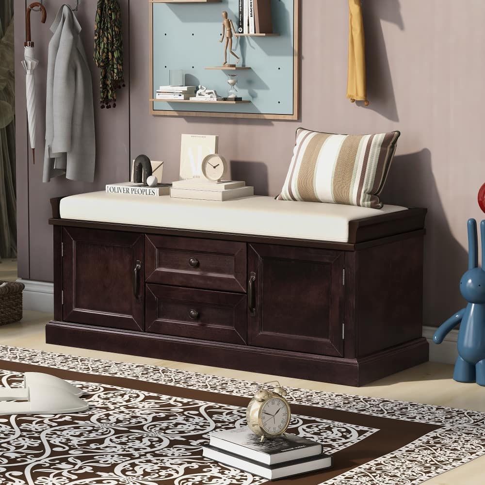 Ropilly - Storage Bench with Cushion, Entryway Shoe Bench with Drawers and Cabinets, Wood Mudroom Seating - Espresso