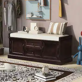 Ropilly - Storage Bench with Cushion, Entryway Shoe Bench with Drawers and Cabinets, Wood Mudroom Seating - Espresso