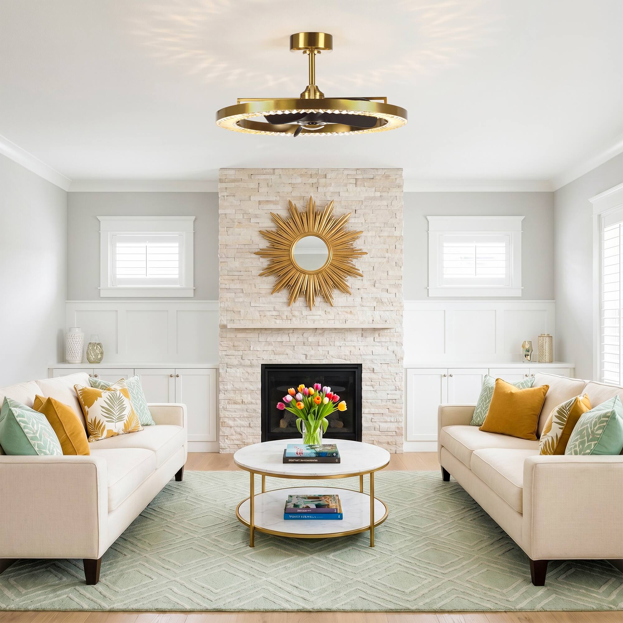 Angle. Parrot Uncle - 32 Inch Gold Crystal LED  DC Motor Dimmable Ceiling Fan Caged Chandelier Bladeless Fan with Remote and 6 Speeds - Gold.