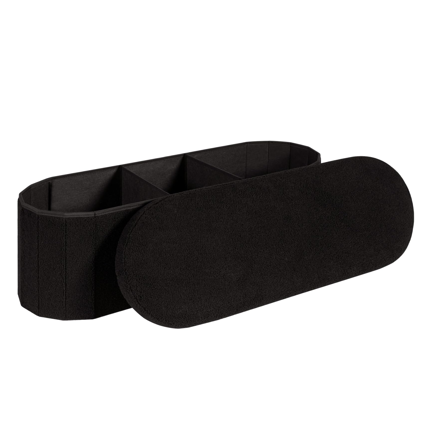 Front. JETRANSPORT - Oval Foldable Ottoman Storage Teddy Boucle Fabric Footrest Bench Living Room Bedroom Entryway Dorm White - Black 43.3"D x 15"W x 15"H.