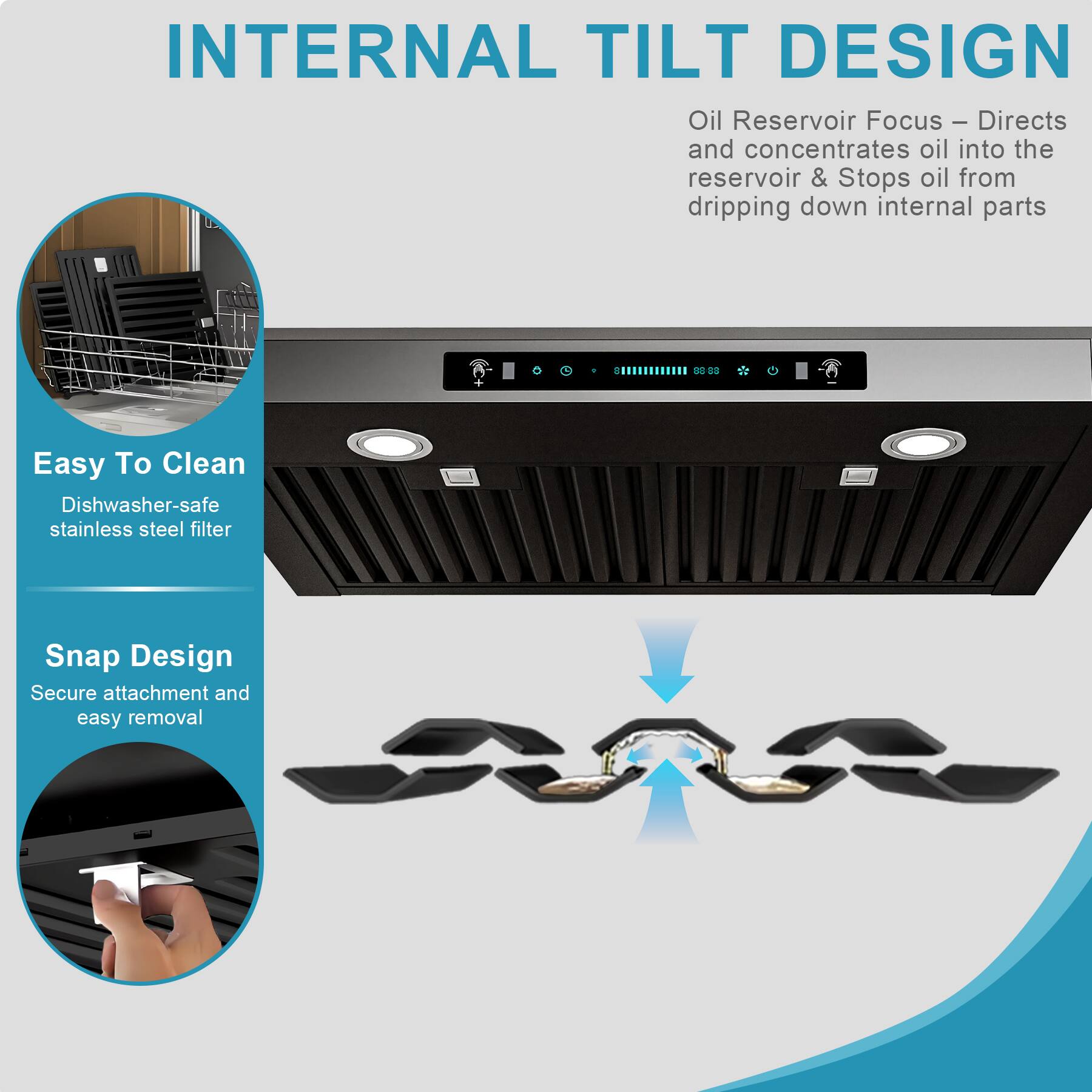 INTERNAL TILT DESIGN

Oil Reservoir Focus – Directs and concentrates oil into the reservoir & Stops oil from dripping down internal parts

Easy To Clean
Dishwasher-safe stainless steel filter

Snap Design
Secure attachment and easy removal